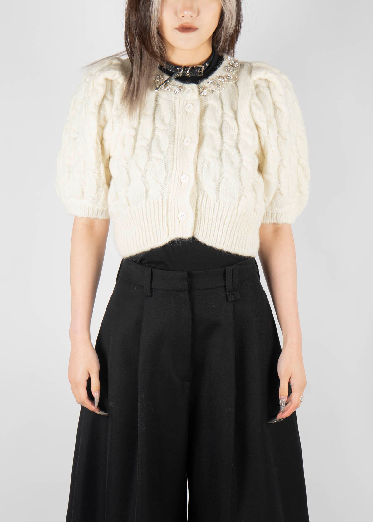 Cropped Cable Cardigan Ivory