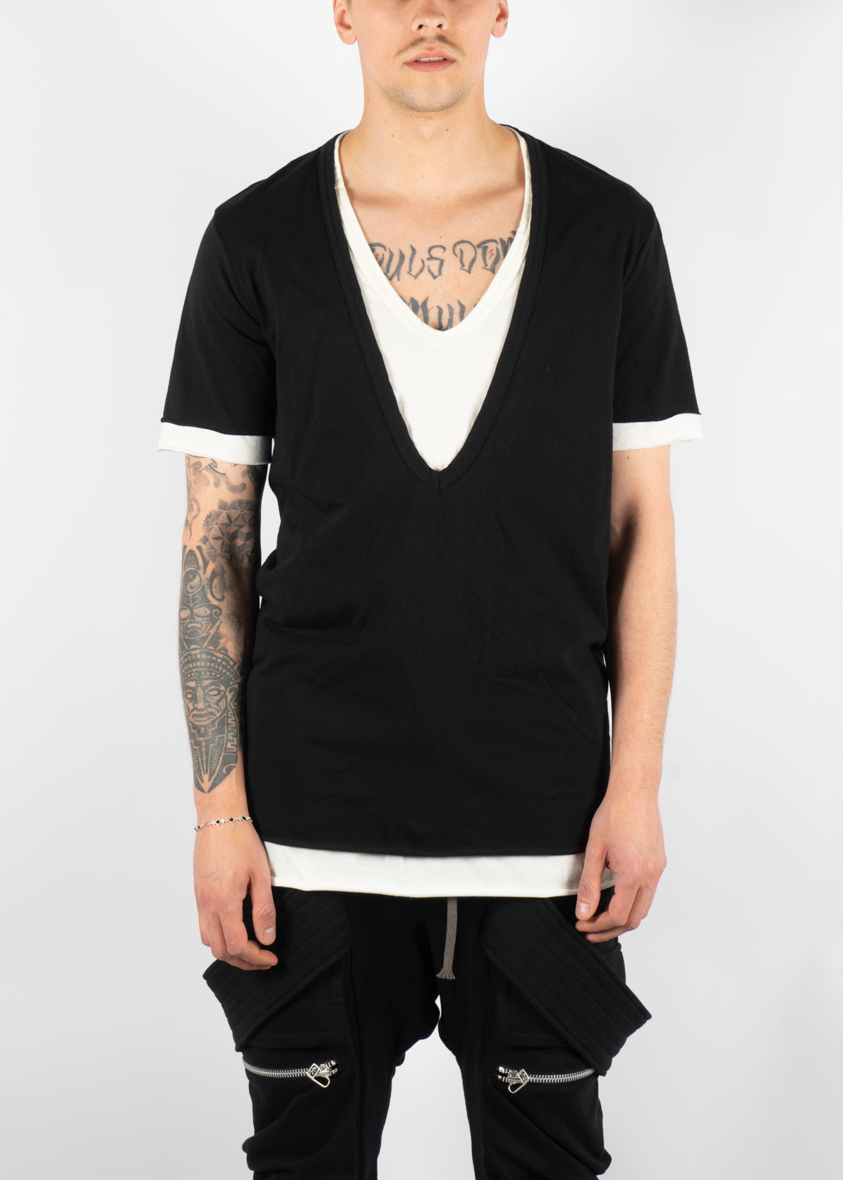Layered V-Neck T-Shirt Black White